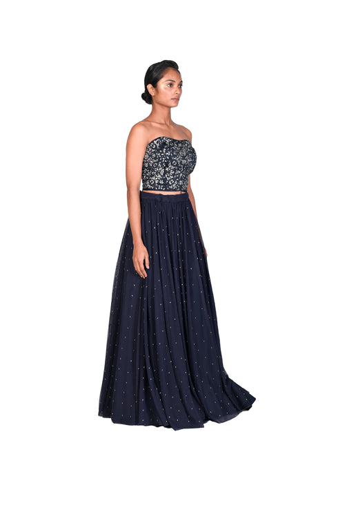 Navy Vine Jaal EMB Corset With Grey Jacket and Net Skirt